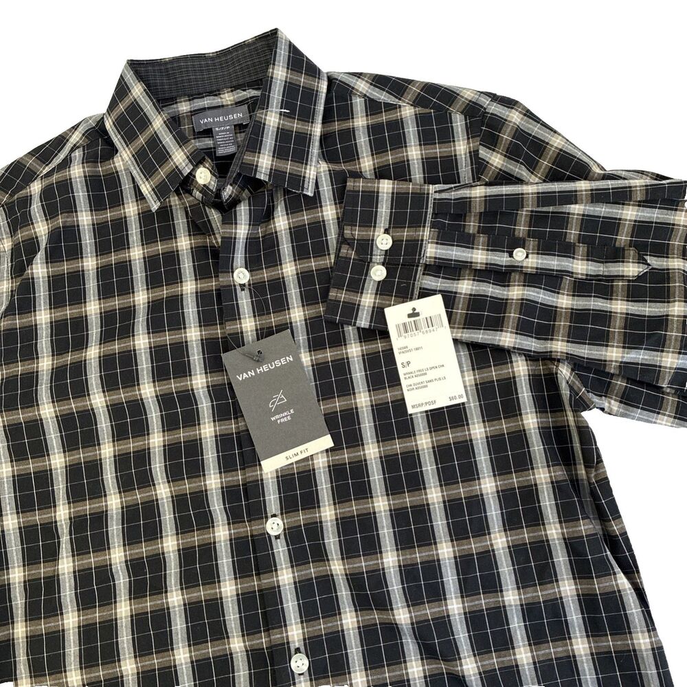 New Mens Van Heusen Long Sleeve Button Up Slim‎ Fit Shirt Size Small Plaid Black